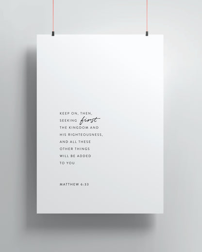 Matthew 6:33 Rolled Poster | Wall Art for Home Decor, Inspirational Gift, Bible Verse Wall Art, Christian Art, Modern Minimalist Decor