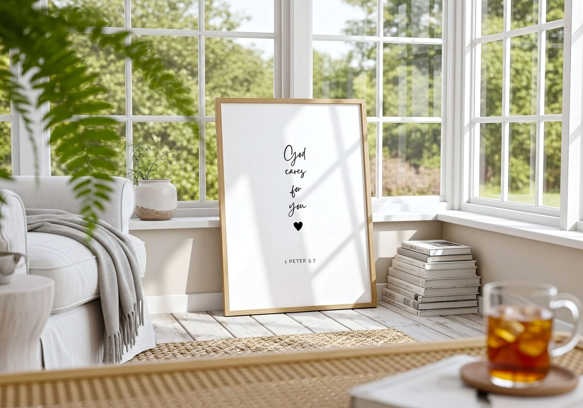 Framed artwork with motivational quote in a bright room with a window and books.