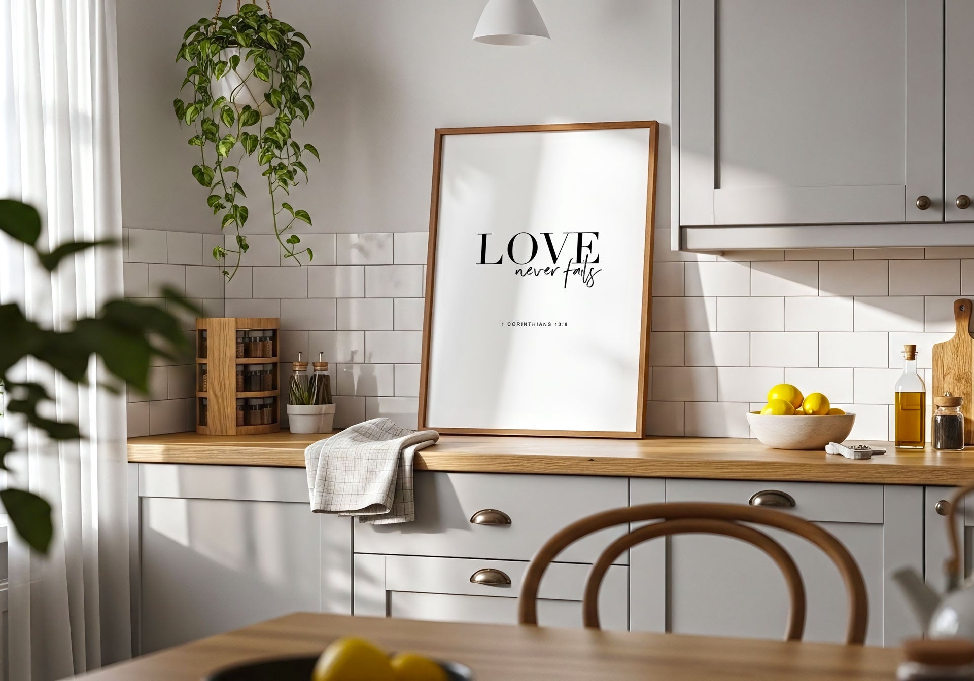 Modern kitchen with a 'LOVE never fails' poster on the wall.